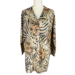 Gabriella T Italy Merino Wool Blend Cardigan Sweater 1X Floral Animal 3/4 Sleeve